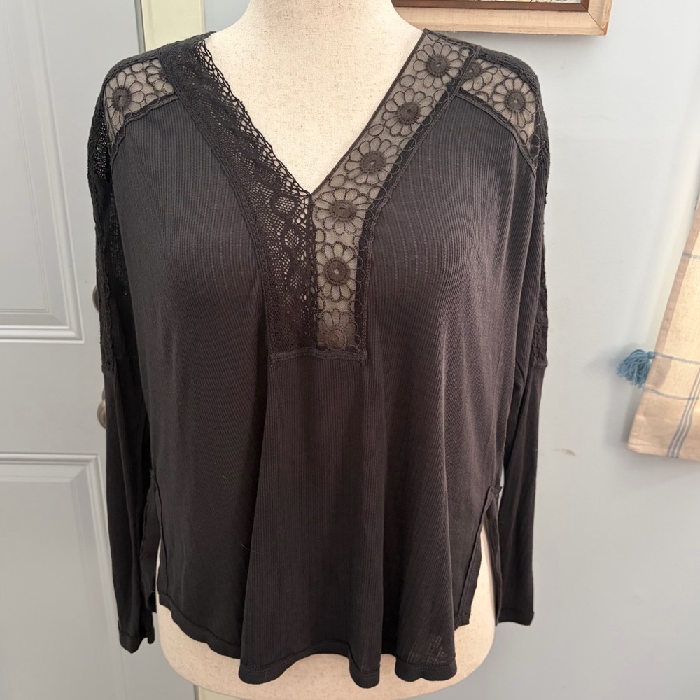 Free People Lola Oversized Slouchy Thin Mesh Lace Boho Flowy Henley Shirt